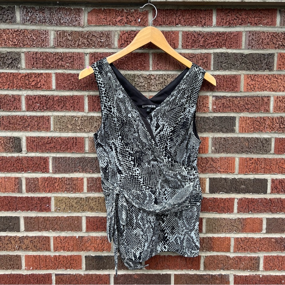 Express Black and Gray Surplice Front Tie Waist Snakeskin Print Chiffon Blouse